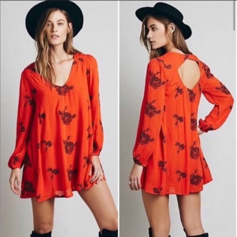 Free People Orange Emma Short Boho Long Sleeve Embroidered Dress
